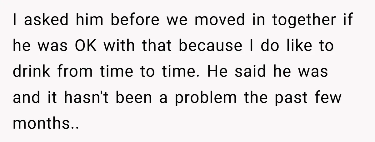 I asked him before we moved in together if he was OK with that because I do like to drink from time to time. He said he was and it...