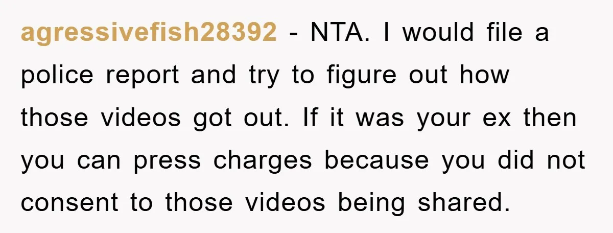 agressivefish28392 − NTA. I would file a police report and try to figure out how those videos got out. If it was your ex then you can press charges because...