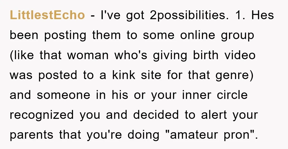 LittlestEcho − I've got 2possibilities. 1. Hes been posting them to some online group (like that woman who's giving birth video was posted to a kink site for that genre)...
