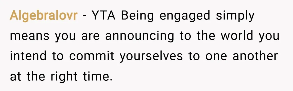 Algebralovr − YTA Being engaged simply means you are announcing to the world you intend to commit yourselves to one another at the right time.