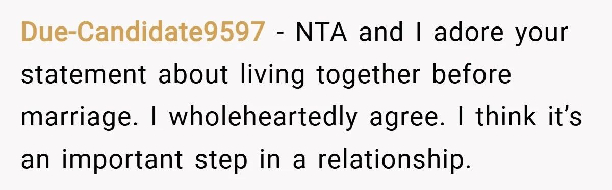 Due-Candidate9597 − NTA and I adore your statement about living together before marriage. I wholeheartedly agree. I think it’s an important step in a relationship.