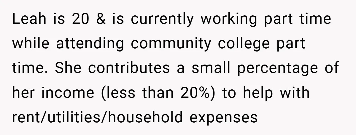 Leah is 20 & is currently working part time while attending community college part time. She contributes a small percentage of her income (less than 20%) to help with rent/utilities/household...