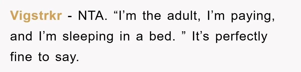 Vigstrkr − NTA. “I’m the adult, I’m paying, and I’m sleeping in a bed. ” It’s perfectly fine to say.