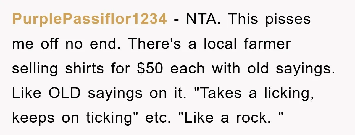 PurplePassiflor1234 − NTA. This pisses me off no end. There's a local farmer selling shirts for $50 each with old sayings. Like OLD sayings on it. "Takes a licking, keeps...