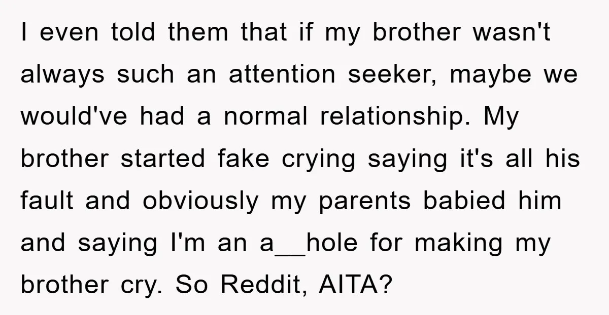 I even told them that if my brother wasn't always such an attention seeker, maybe we would've had a normal relationship. My brother started fake crying saying it's all his...