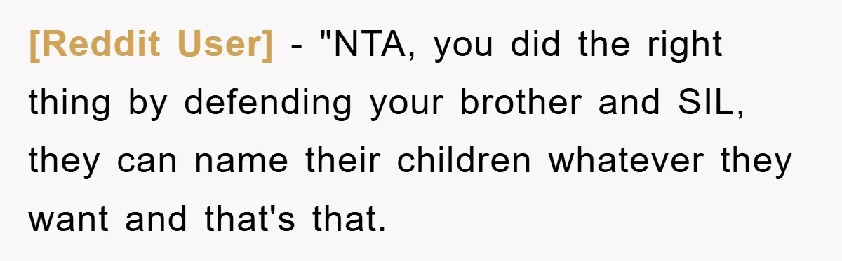 [Reddit User] - "NTA, you did the right thing by defending your brother and SIL, they can name their children whatever they want and that's that.