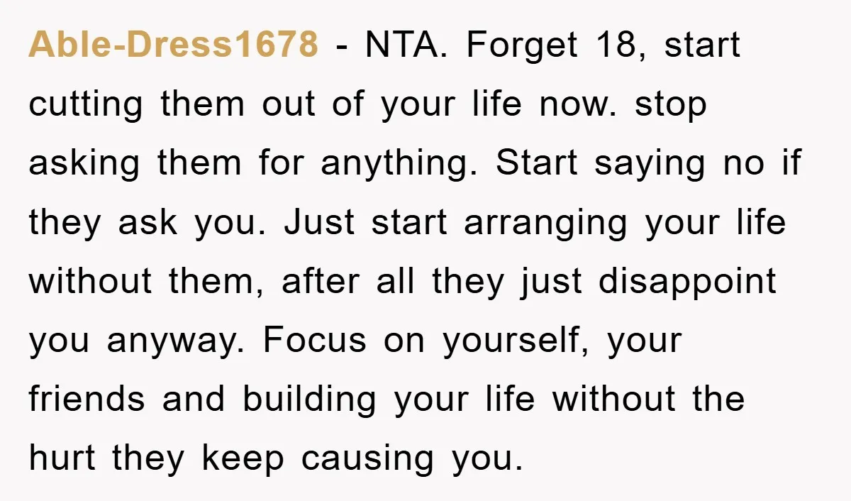 Able-Dress1678 − NTA. Forget 18, start cutting them out of your life now. stop asking them for anything. Start saying no if they ask you. Just start arranging your life...