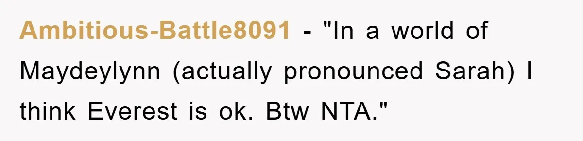 Ambitious-Battle8091 - "In a world of Maydeylynn (actually pronounced Sarah) I think Everest is ok. Btw NTA."