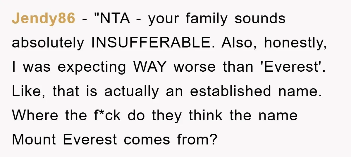 Jendy86 - "NTA - your family sounds absolutely INSUFFERABLE. Also, honestly, I was expecting WAY worse than 'Everest'. Like, that is actually an established name. Where the f*ck do they...