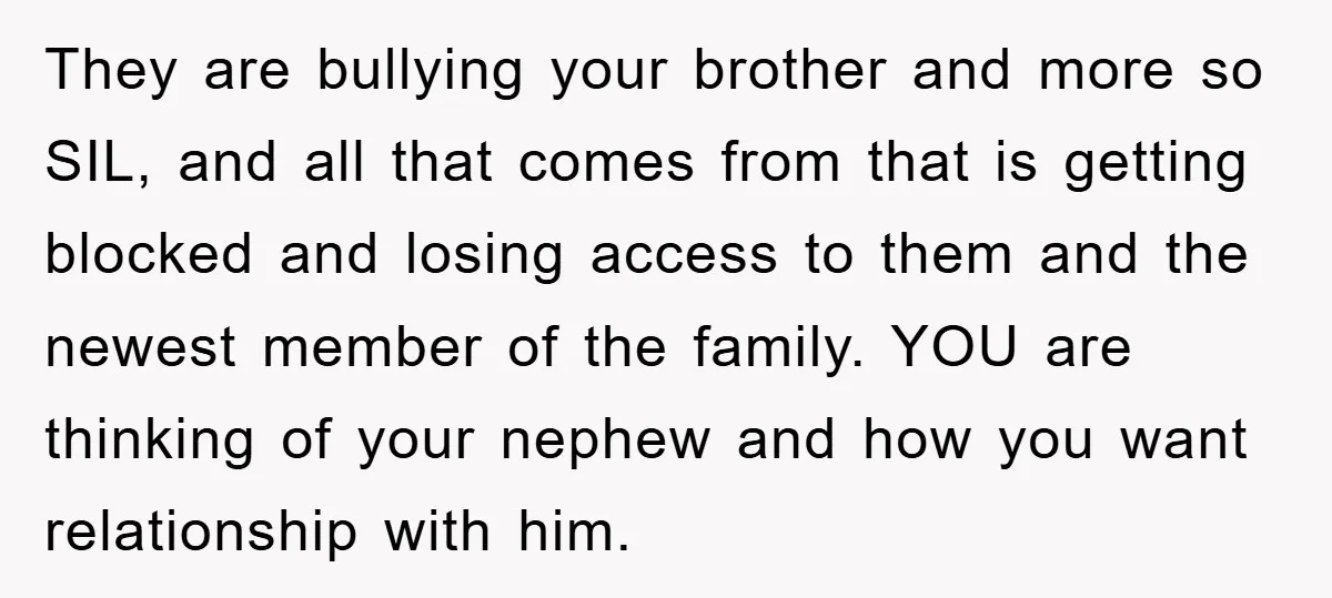 They are bullying your brother and more so SIL, and all that comes from that is getting blocked and losing access to them and the newest member of the family....