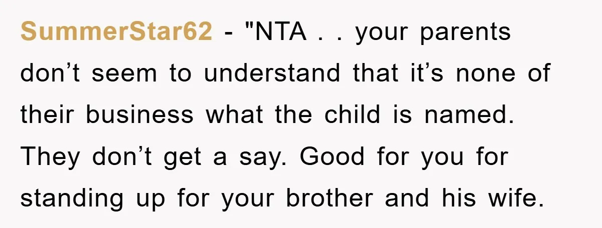 SummerStar62 - "NTA . . your parents don’t seem to understand that it’s none of their business what the child is named. They don’t get a say. Good for you...