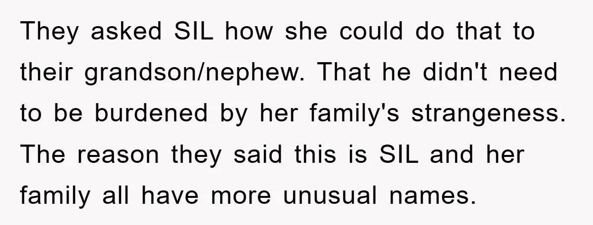They asked SIL how she could do that to their grandson/nephew. That he didn't need to be burdened by her family's strangeness. The reason they said this is SIL and...