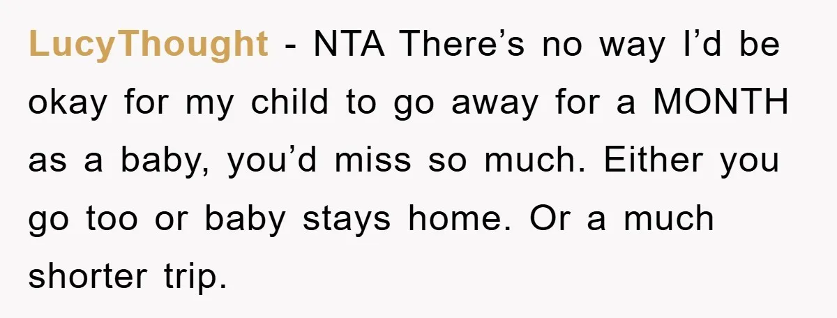LucyThought − NTA There’s no way I’d be okay for my child to go away for a MONTH as a baby, you’d miss so much. Either you go too or...