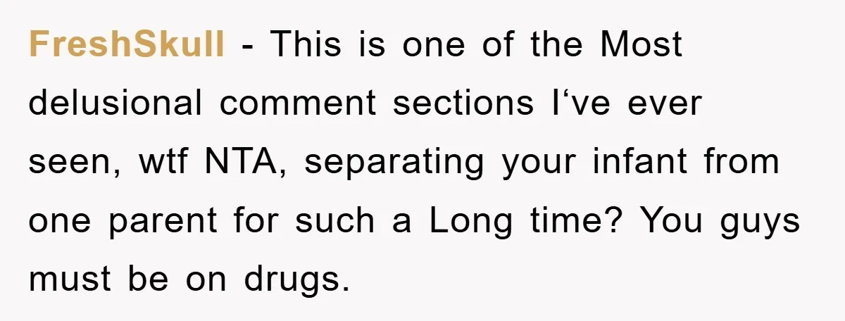 FreshSkull − This is one of the Most delusional comment sections I‘ve ever seen, wtf NTA, separating your infant from one parent for such a Long time? You guys must...