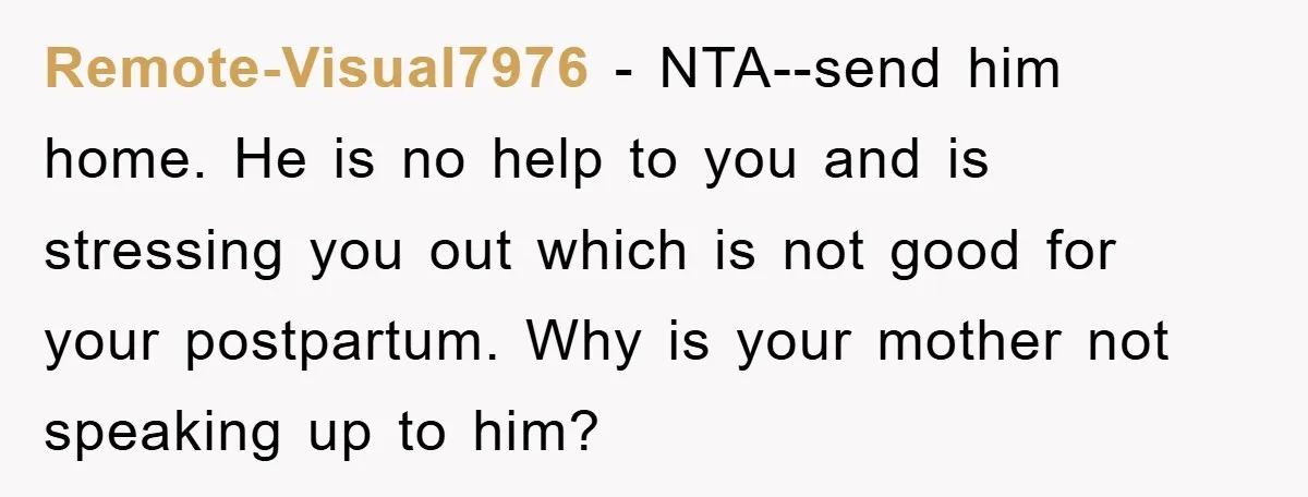 Remote-Visual7976 − NTA--send him home. He is no help to you and is stressing you out which is not good for your postpartum. Why is your mother not speaking up...