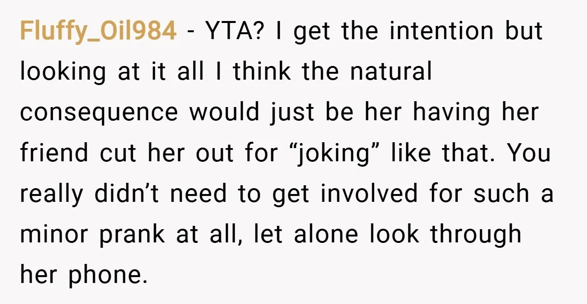Fluffy_Oil984 − YTA? I get the intention but looking at it all I think the natural consequence would just be her having her friend cut her out for “joking” like...