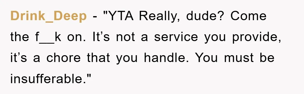 Drink_Deep - "YTA Really, dude? Come the f__k on. It’s not a service you provide, it’s a chore that you handle. You must be insufferable."