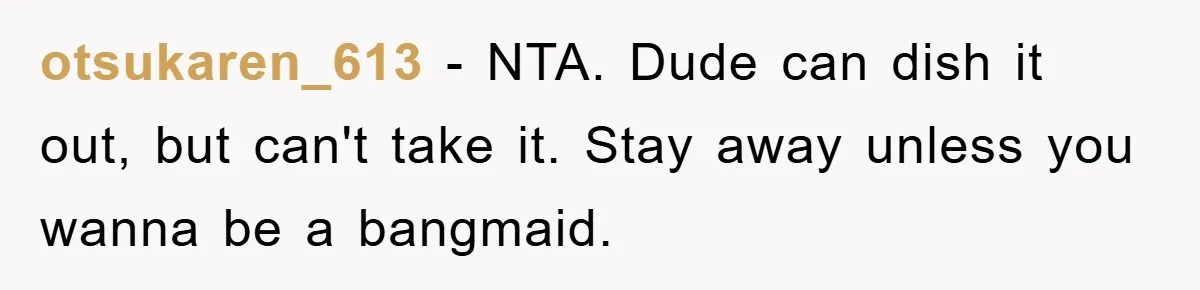 otsukaren_613 − NTA. Dude can dish it out, but can't take it. Stay away unless you wanna be a bangmaid.