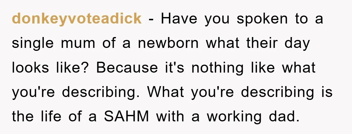 donkeyvoteadick − Have you spoken to a single mum of a newborn what their day looks like? Because it's nothing like what you're describing. What you're describing is the life...