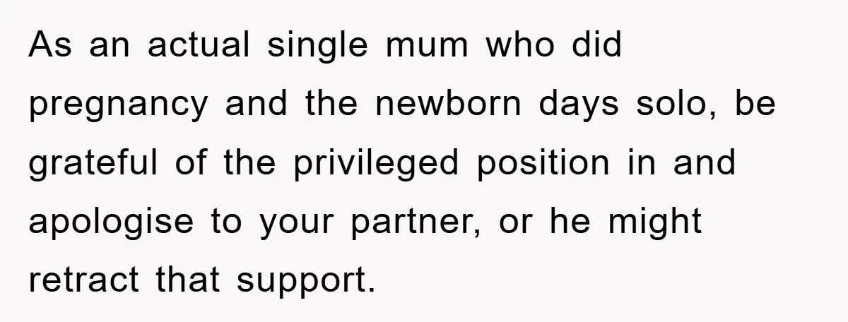As an actual single mum who did pregnancy and the newborn days solo, be grateful of the privileged position in and apologise to your partner, or he might retract that...