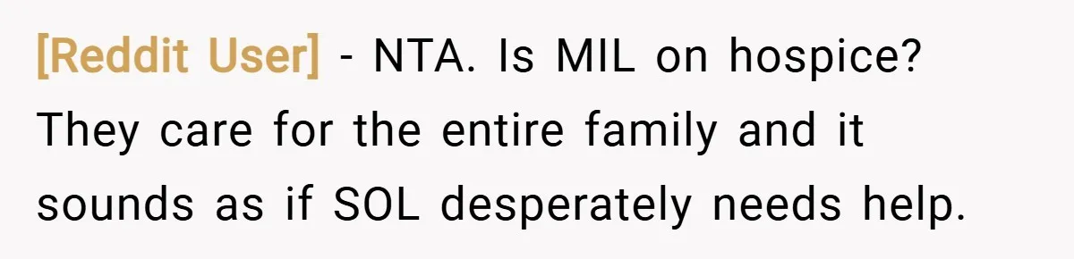 [Reddit User] − NTA. Is MIL on hospice? They care for the entire family and it sounds as if SOL desperately needs help.