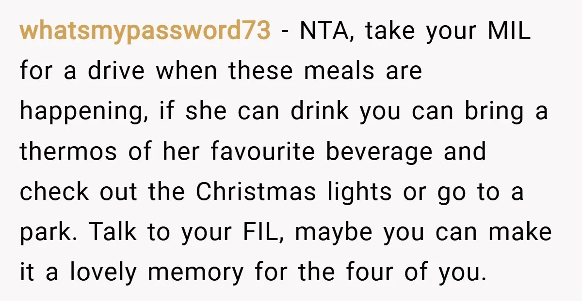whatsmypassword73 − NTA, take your MIL for a drive when these meals are happening, if she can drink you can bring a thermos of her favourite beverage and check out...