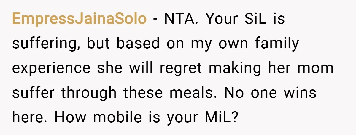 EmpressJainaSolo − NTA. Your SiL is suffering, but based on my own family experience she will regret making her mom suffer through these meals. No one wins here. How mobile...