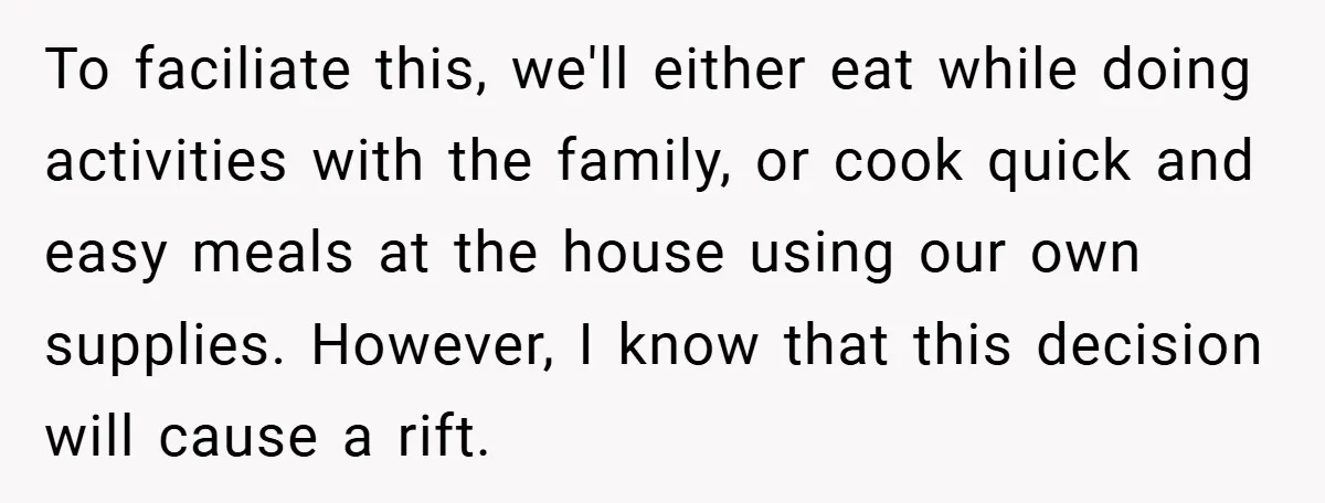 To faciliate this, we'll either eat while doing activities with the family, or cook quick and easy meals at the house using our own supplies. However, I know that this...