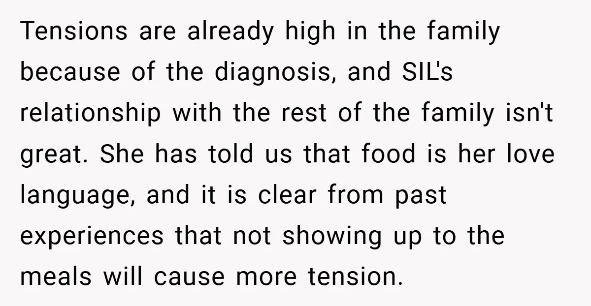 Tensions are already high in the family because of the diagnosis, and SIL's relationship with the rest of the family isn't great. She has told us that food is her...