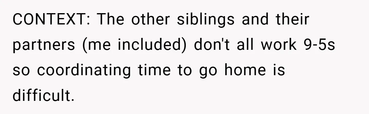 CONTEXT: The other siblings and their partners (me included) don't all work 9-5s so coordinating time to go home is difficult.