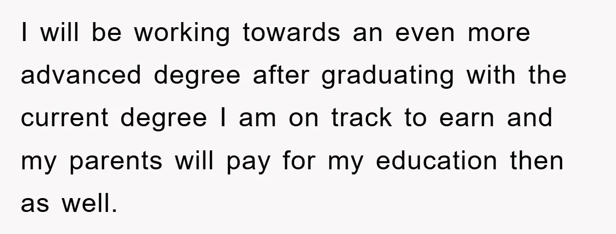 I will be working towards an even more advanced degree after graduating with the current degree I am on track to earn and my parents will pay for my education...