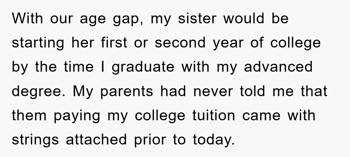 With our age gap, my sister would be starting her first or second year of college by the time I graduate with my advanced degree. My parents had never told...