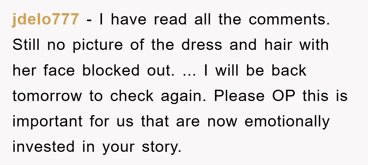 jdelo777 − I have read all the comments. Still no picture of the dress and hair with her face blocked out. ... I will be back tomorrow to check again....