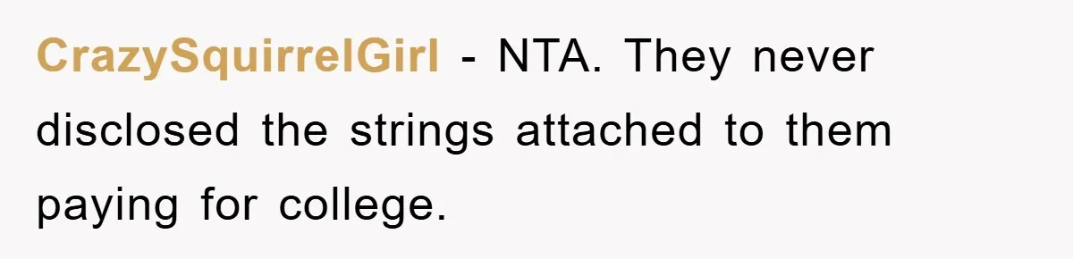 CrazySquirrelGirl − NTA. They never disclosed the strings attached to them paying for college.