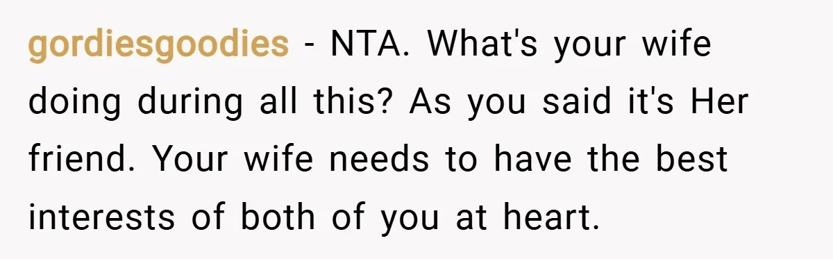 gordiesgoodies − NTA. What's your wife doing during all this? As you said it's Her friend. Your wife needs to have the best interests of both of you at heart.