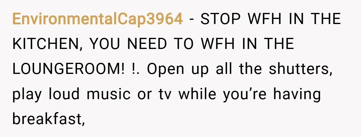 EnvironmentalCap3964 − STOP WFH IN THE KITCHEN, YOU NEED TO WFH IN THE LOUNGEROOM! !. Open up all the shutters, play loud music or tv while you’re having breakfast,