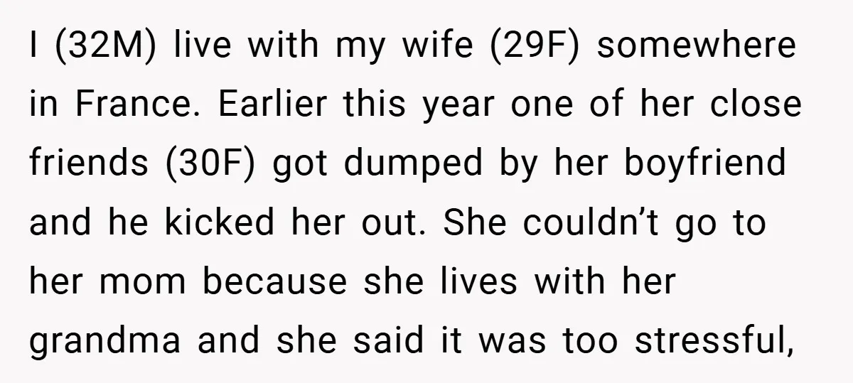 I (32M) live with my wife (29F) somewhere in France. Earlier this year one of her close friends (30F) got dumped by her boyfriend and he kicked her out. She...