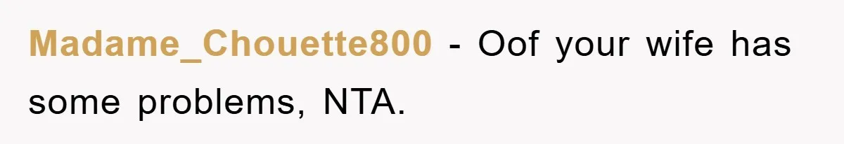 Madame_Chouette800 − Oof your wife has some problems, NTA.