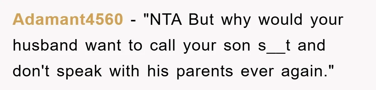 Adamant4560 - "NTA But why would your husband want to call your son s__t and don't speak with his parents ever again."