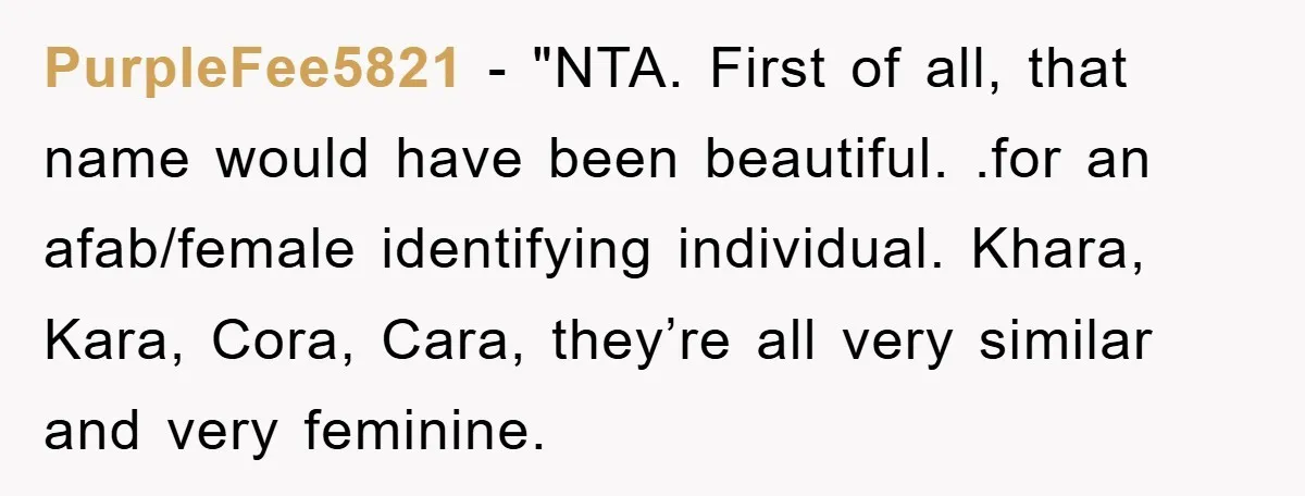 PurpleFee5821 - "NTA. First of all, that name would have been beautiful. .for an afab/female identifying individual. Khara, Kara, Cora, Cara, they’re all very similar and very feminine.