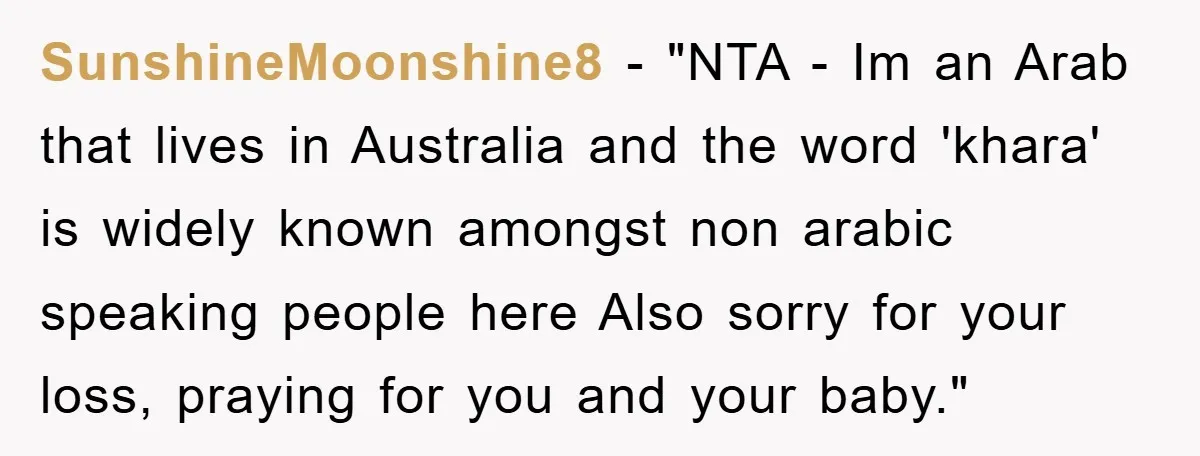 SunshineMoonshine8 - "NTA - Im an Arab that lives in Australia and the word 'khara' is widely known amongst non arabic speaking people here Also sorry for your loss, praying...