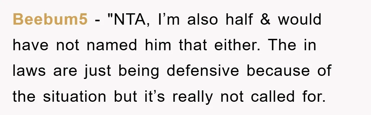 Beebum5 - "NTA, I’m also half & would have not named him that either. The in laws are just being defensive because of the situation but it’s really not called...
