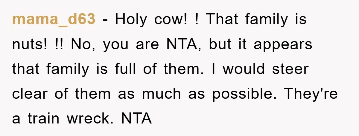 mama_d63 − Holy cow! ! That family is nuts! !! No, you are NTA, but it appears that family is full of them. I would steer clear of them as...