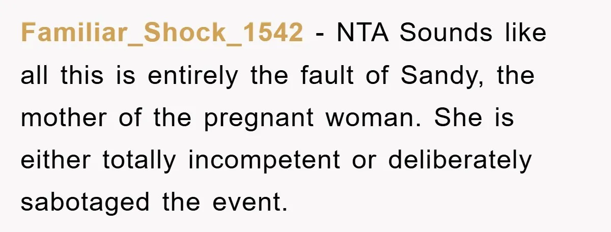Familiar_Shock_1542 − NTA Sounds like all this is entirely the fault of Sandy, the mother of the pregnant woman. She is either totally incompetent or deliberately sabotaged the event.