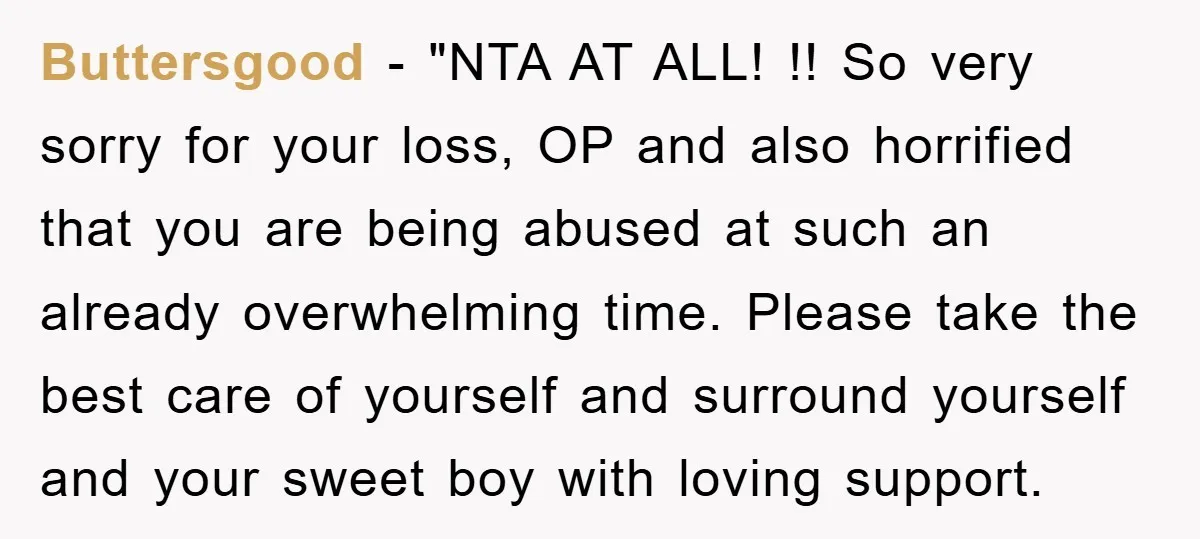 Buttersgood - "NTA AT ALL! !! So very sorry for your loss, OP and also horrified that you are being abused at such an already overwhelming time. Please take the...