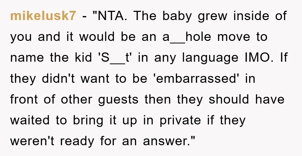 mikelusk7 - "NTA. The baby grew inside of you and it would be an a__hole move to name the kid 'S__t' in any language IMO. If they didn't want to...