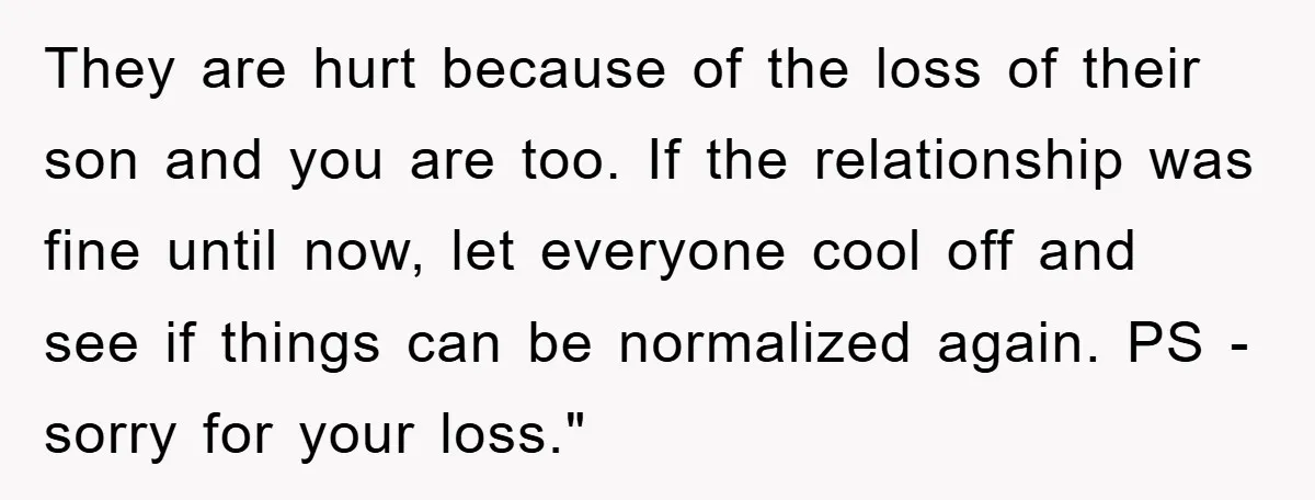 They are hurt because of the loss of their son and you are too. If the relationship was fine until now, let everyone cool off and see if things can...