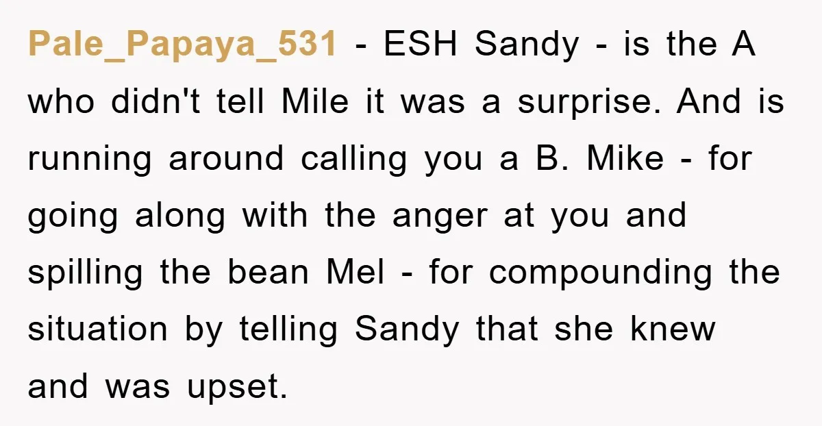 Pale_Papaya_531 − ESH Sandy - is the A who didn't tell Mile it was a surprise. And is running around calling you a B. Mike - for going along with...