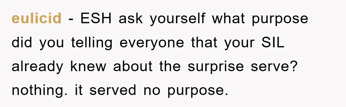 eulicid − ESH ask yourself what purpose did you telling everyone that your SIL already knew about the surprise serve? nothing. it served no purpose.