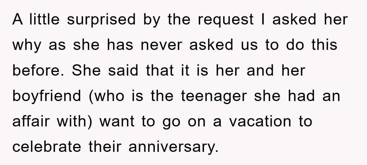 A little surprised by the request I asked her why as she has never asked us to do this before. She said that it is her and her boyfriend (who...